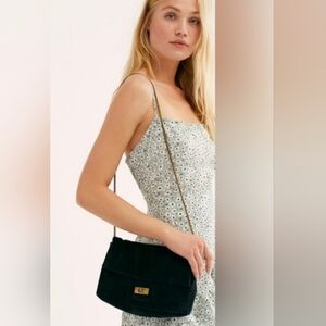 Black Suede Women's Bag with Patterned Strap